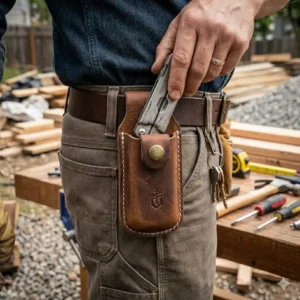 A close-up action shot of a person wearing a rugged leather gerber multi tool pouch on their utility belt.