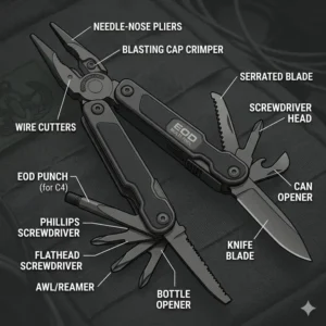Alt Text 2 (Illustration 1): A technical illustration identifying the specialized components of an eod multi tool including the fuse cutters and threaded C4 punch.