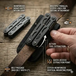 A hand pulling the Gerber Truss multi-tool out of its protective nylon gerber truss sheath.