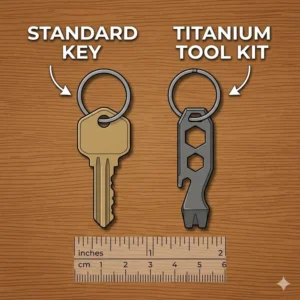 An illustration comparing the size of a titanium keychain tool kit to a standard house key to demonstrate portability.