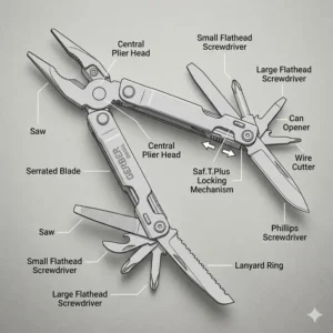 Labeled diagram of a gerber diesel highlighting the saw, serrated blade, and cross-point screwdriver.