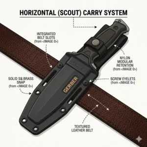 Close-up diagram of a gerber fixed blade sheath mounted on a leather belt for scout carry.