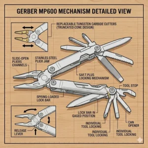 A diagram labeling the various implements of the Gerber MP600 multi-tool including the serrated blade and file.