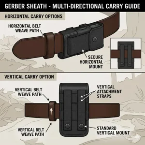 Diagram showing a gerber sheath mounted both horizontally and vertically on a standard work belt.