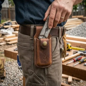 A custom-designed leather gerber multi tool pouch shown to perfectly fit the Gerber Center-Drive multi-tool.