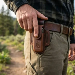 Illustration 2: A person wearing a custom gerber leather sheath on their waist belt for everyday carry utility.