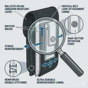 Detailed diagram of the ballistic nylon and reinforced stitching used in the gerber suspension sheath.