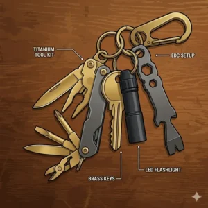 A stylized drawing of an everyday carry setup featuring a keychain tool kit attached to a heavy-duty carabiner with brass keys.