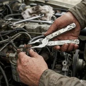 A gerber diesel multi-tool being used for engine maintenance in an industrial setting.