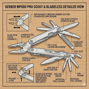 Detailed view of the Gerber MP600 multi-tool replaceable tungsten carbide wire cutters located in the plier head.