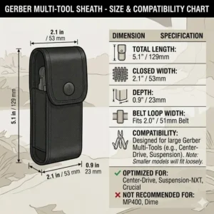 : An illustrated size guide showing internal dimensions for a gerber sheath and tool compatibility.