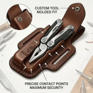 Illustration 3: Interior view showing the precise molded fit of a multi-tool inside the gerber leather sheath.