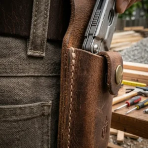 A detailed close-up showing the heavy-duty reinforced stitching on a durable leather gerber multi tool pouch.