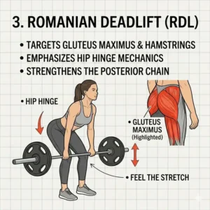 Romanian deadlift technique guide showing hip hinge mechanics for a glute focused leg workout.