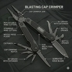 Alt Text 4 (Illustration 3): Illustration showing an eod multi tool using its replaceable premium wire cutters to safely prep a detonation cord.