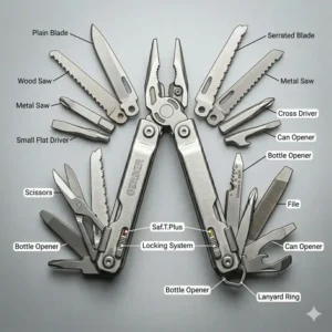 Close-up view of the Saf.T.Plus safety locking system integrated into the gerber diesel multi tool.