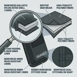 Close-up illustration of the hook-and-loop secure closure system on a gerber suspension sheath.