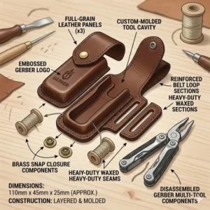 Illustration 4: An exploded diagram showing the technical construction and layers of a gerber leather sheath.