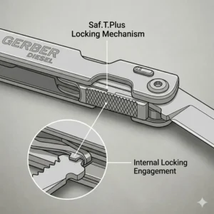 Detailed view of the Saf.T.Plus locking system on a gerber diesel multi-tool for user safety.