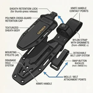 Detailed view of the locking mechanism and thumb-press release on a gerber fixed blade sheath.