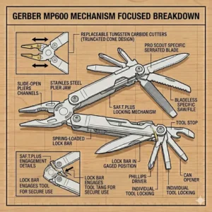 Illustration of the Saf.T.Plus locking system on a Gerber MP600 multi-tool ensuring user safety during use.