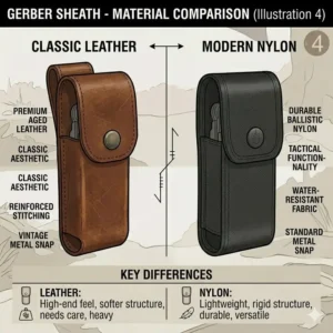Side-by-side comparison of a classic leather gerber sheath and a modern ballistic nylon version.