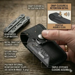 Illustration showing the metal snap button closure that secures the Gerber Truss inside the gerber truss sheath.