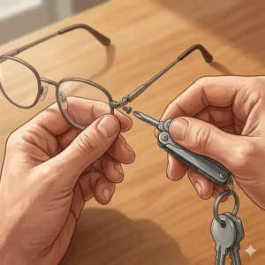 An illustration of a person using a flathead screwdriver from a keychain tool kit to tighten a loose screw on eyeglasses.