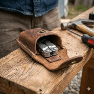 An open view of a leather gerber multi tool pouch with the Gerber tool secured inside by a snap closure.