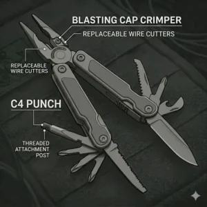 Alt Text 5 (Illustration 4): An eod multi tool with the C4 punch deployed for preparing explosive charges in a field environment.