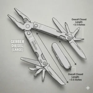 Side-by-side scale comparison of the gerber diesel versus a standard pocket knife.
