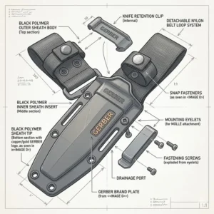 Exploded view diagram showing all individual parts and screws of a gerber fixed blade sheath.