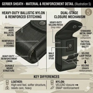 Detail view of the heavy-duty Velcro and metal snap closure system on a gerber sheath.