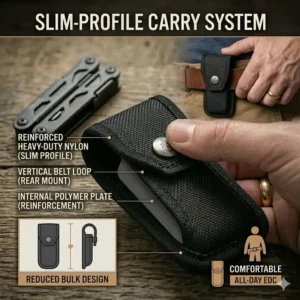 Side view illustration showing the low-profile design of the gerber truss sheath when worn on a belt.