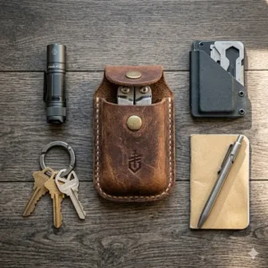 An everyday carry (EDC) flat lay featuring a leather gerber multi tool pouch alongside a flashlight and keys.