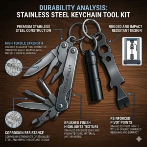 A detailed illustration highlighting the brushed stainless steel finish and rugged construction of a durable keychain tool kit.