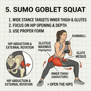 Sumo goblet squat illustration focusing on hip depth for a glute focused leg workout.