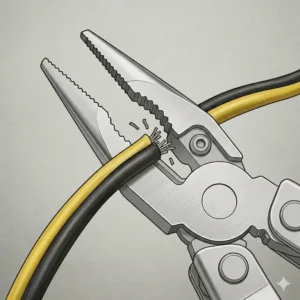 Close-up illustration of the gerber diesel needle-nose pliers cutting through thick electrical wire.