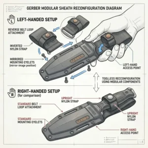 Step-by-step guide for reconfiguring a gerber fixed blade sheath for left-handed users.