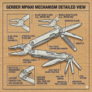 Tactical illustration of a black oxide Gerber MP600 multi-tool in a military-grade nylon sheath.