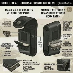 Exploded view illustration showing the reinforced stitching and internal lining of a gerber sheath.
