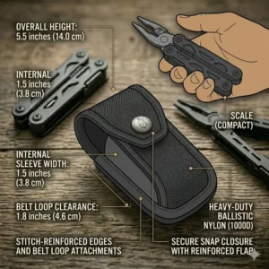 Technical drawing showing the dimensions and internal sleeve of the gerber truss sheath multi-tool pouch.