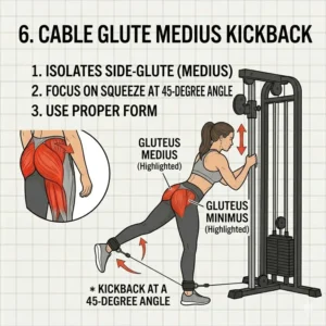 Cable glute medius kickback at a 45-degree angle for a complete glute focused leg workout.