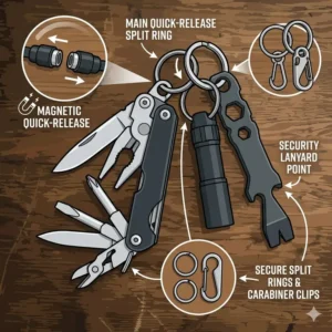 An illustration showing different ways to secure a keychain tool kit using split rings, quick-release clips, and magnetic connectors.