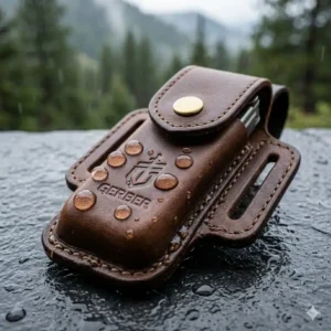 Illustration 6: Water droplets beading on the surface of a weather-treated gerber leather sheath outdoors.