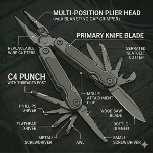 Alt Text 7 (Illustration 6): A heavy-duty MOLLE compatible nylon sheath housing an eod multi tool attached to a tactical load-bearing vest.