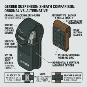 Action sequence illustration showing how to quickly deploy a tool from the gerber suspension sheath.