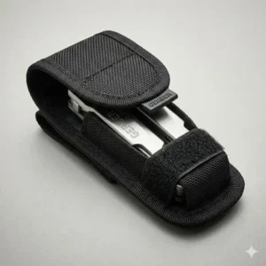 The gerber diesel multi-tool tucked into its included black ballistic nylon belt sheath.