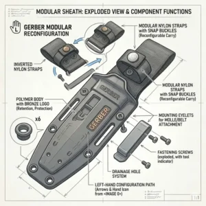 A gerber fixed blade sheath attached to a tactical backpack during an outdoor survival trip.