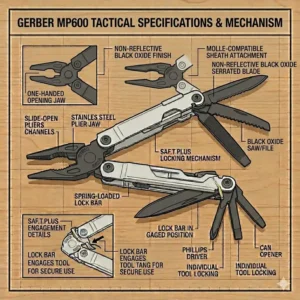 A scale drawing showing the closed length and weight specifications of the Gerber MP600 multi-tool.